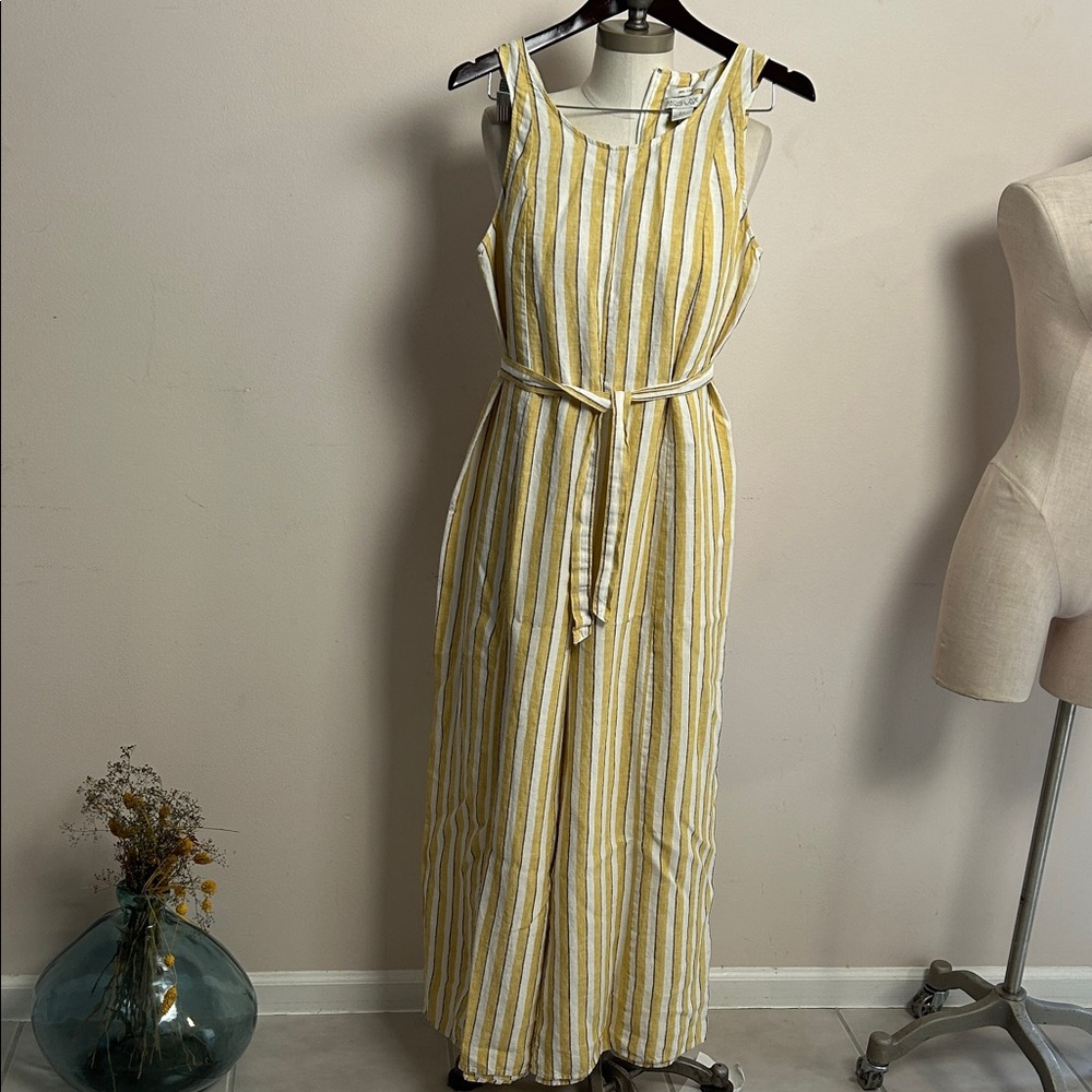 100% Linen Rachel Zoe Yellow White Blue Stripe Wide Leg Loose Fit Jumpsuit